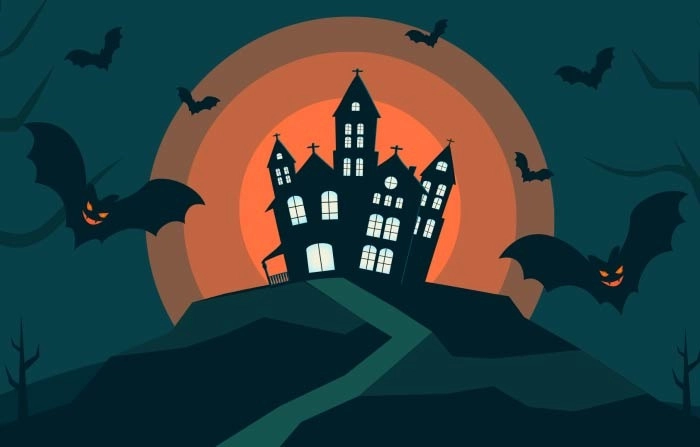 Happy Halloween Castle Background Flying Bats Haunted House On Full Moon Vector Illustration