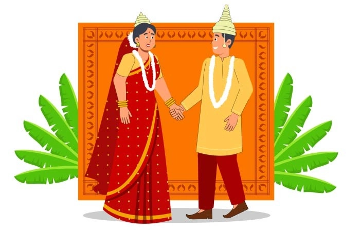 2D Flat Character Of Bengali Wedding Illustration