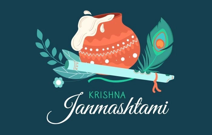 Vector Illustration Happy Janmashtami Festival Lord Krishna Matki Clay Pot And Basuri Festival image