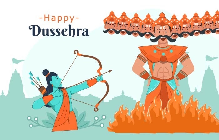 Vector Illustration Of Lord Rama Shooting Bow And Arrow At Ravana Burning image