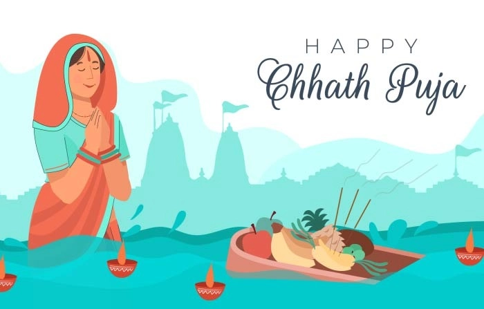 Woman Celebrating Happy Chhat Puja By Praying To Sun Concept Premium Vector Image image