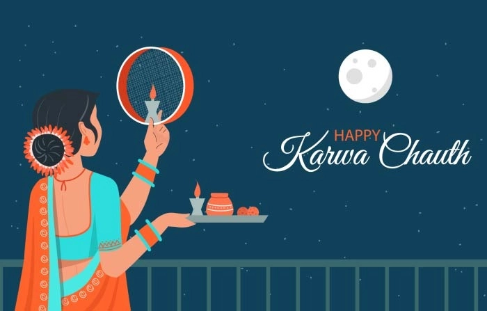 Vector Illustration Of Indian Woman Celebrating Karva Chauth Festival image