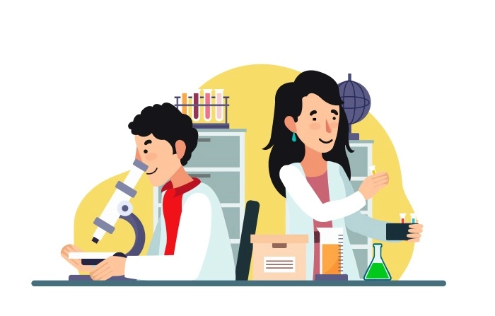 Students Doing An Experiment In Chemistry Laboratory On Microscope Illustration Premium Vector