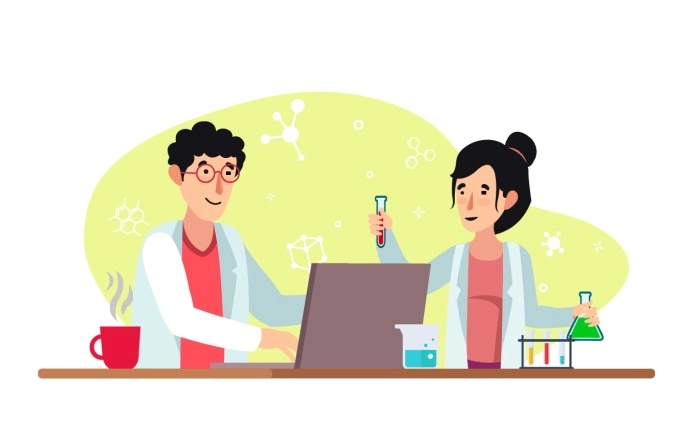 Scientist At Work Characters Conducting Experiments In Lab Premium Vector image