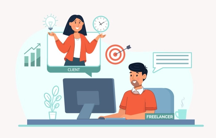 Happy Freelancer With A Computer At Home And Online Chatting With Client  Premium Vector