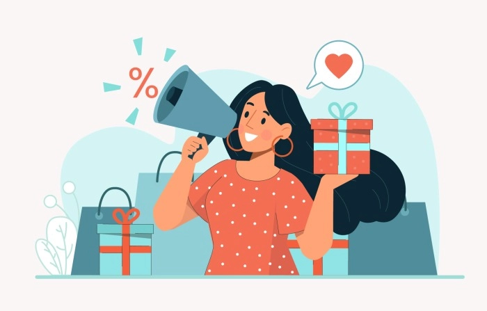 Woman Holding Box With Purchases After Shopping Hold Scream In Megaphone Announces Sale Illustration image
