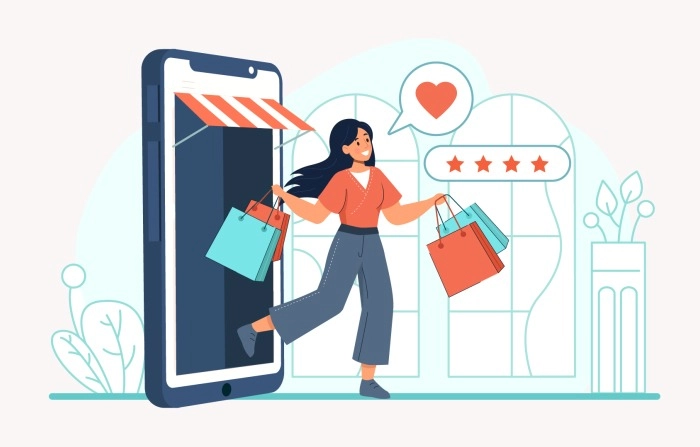 Women With Shopping Bags In Their Hands Doing Online Shopping Illustration