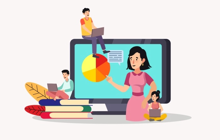 People Using Computers And Studying At Online School Illustration Premium Vector