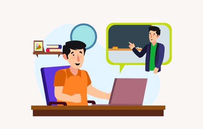 Online Course With Boy Sitting At A Desk And Studying With Laptop Illustration Premium Vector